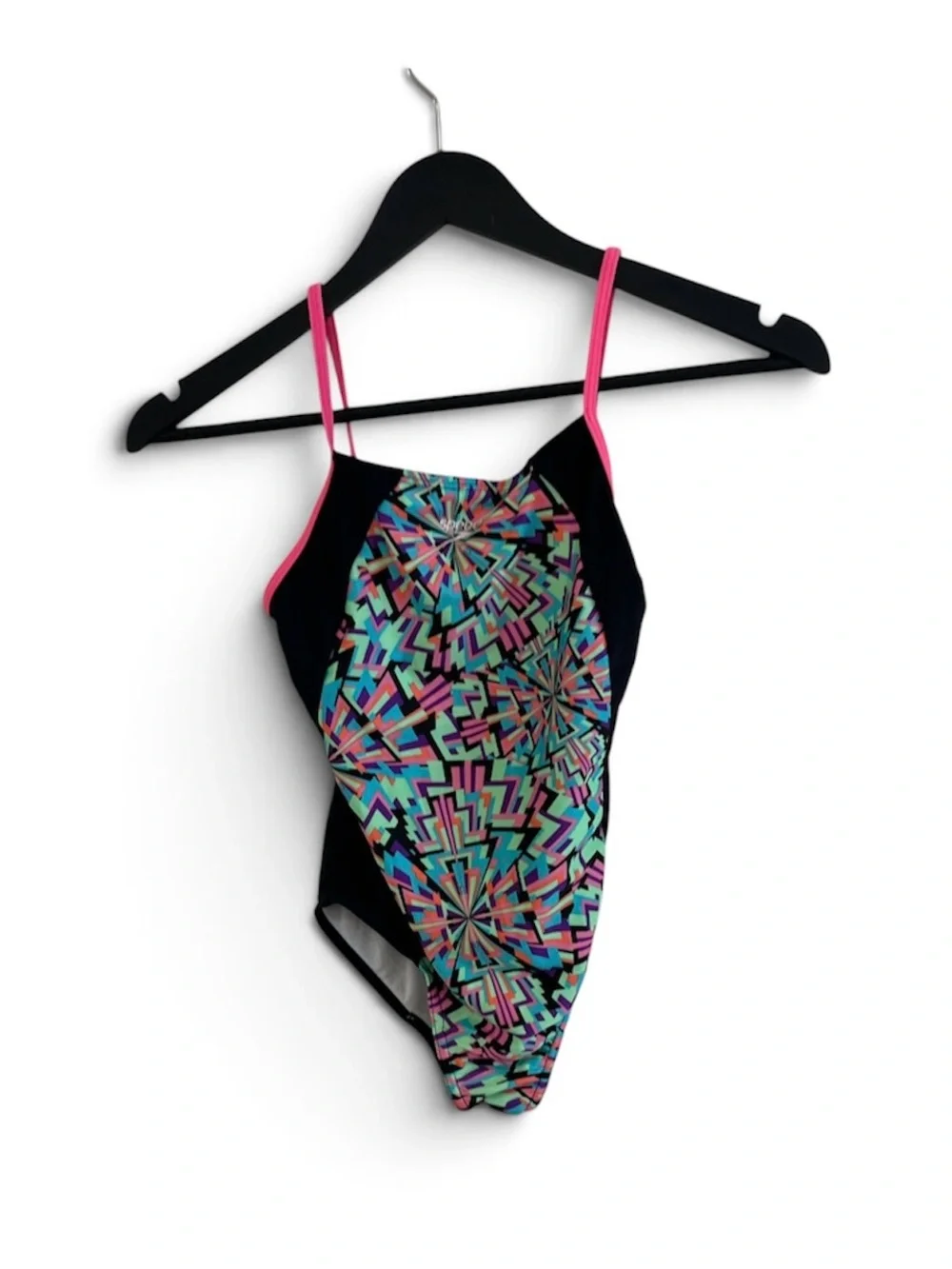 Speedo girls Black Geometric One-Piece Swimsuit with Pink Straps